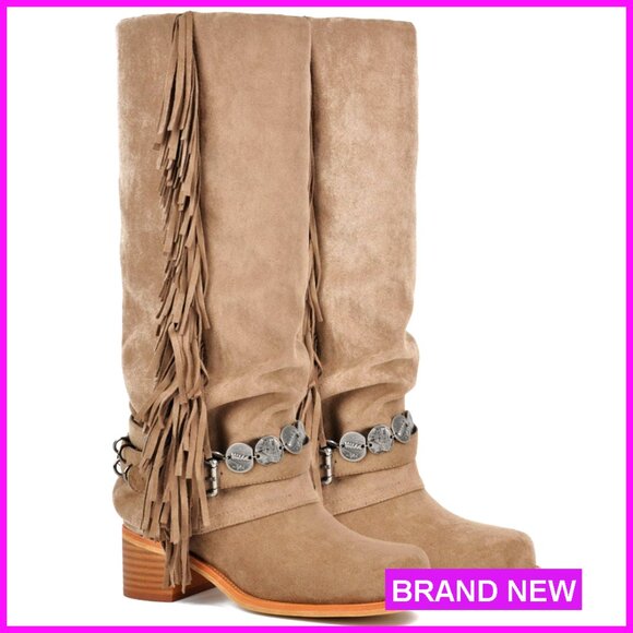 Knee High Riding Boots Fringe Buckle Straps Chunky Heel Square Toe Fold Over